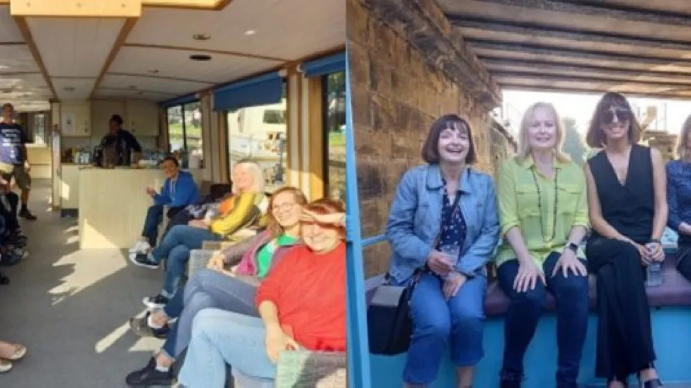 Two images side by side of our volunteers on a day out on a canal boat.