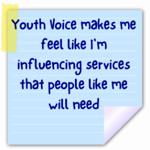 Stickynote with words: You voice makes me feel like I'm influencing services that people like me will need