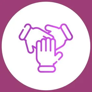 Icon image of three hands position as if agreeing a pact.