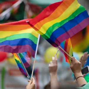 Image showing people waving rainbow flags in support of LGBTQ