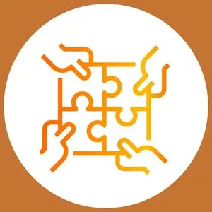 Icon of a square jigsaw with four pieces and four hands - each pulling at a jigsaw piece.
