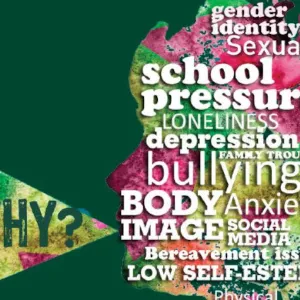Self Harm Word Cloud e.g. School Pressure, Bullying, Body Image, Sexuality, Anxiety, Low Self Esteem...